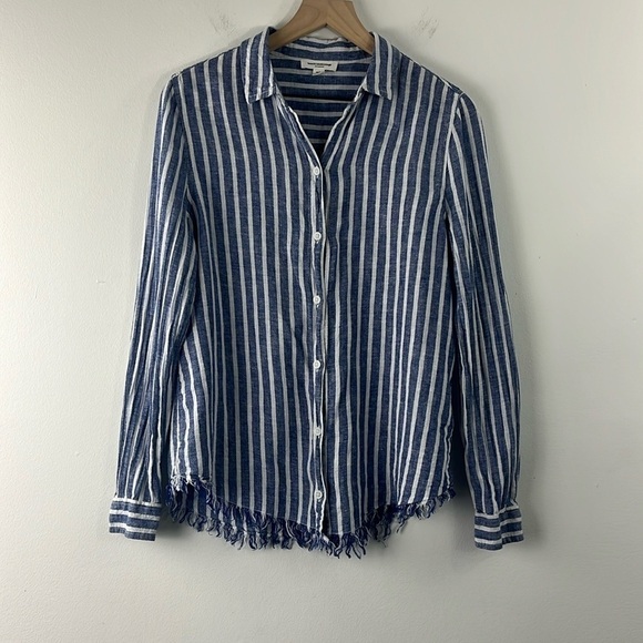 Beach Lunch Lounge Fringe Striped Linen Blend Long Sleeve Top Womens Size S - Picture 1 of 8